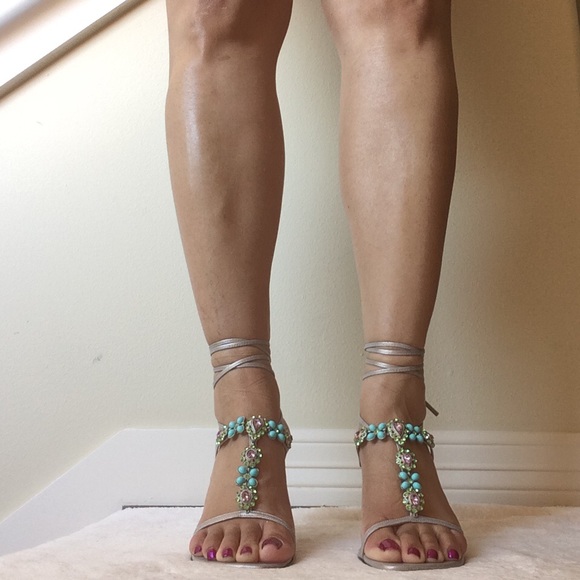 Stuart Weitzman Shoes - Stuart Weitzman Open Toe Silver Sandals w/Turquoise and Purple Rhinestones